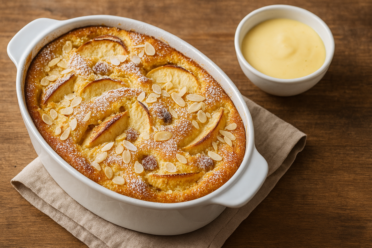 Goldbrauner Apfel-Quark-Grieß-Auflauf mit Apfelspalten und gehobelten Mandeln, in weißer Auflaufform, leicht mit Puderzucker bestäubt, auf hellem Tuch angerichtet.
