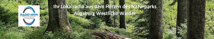 Das Titelbild der Radio NWW Webseite. Das Logo von Radio NWW vor einem Wald. Daneben der Schriftzug: Ihr Lokalradio aus dem Herzen des Naturparks Augsburg Westliche Wälder