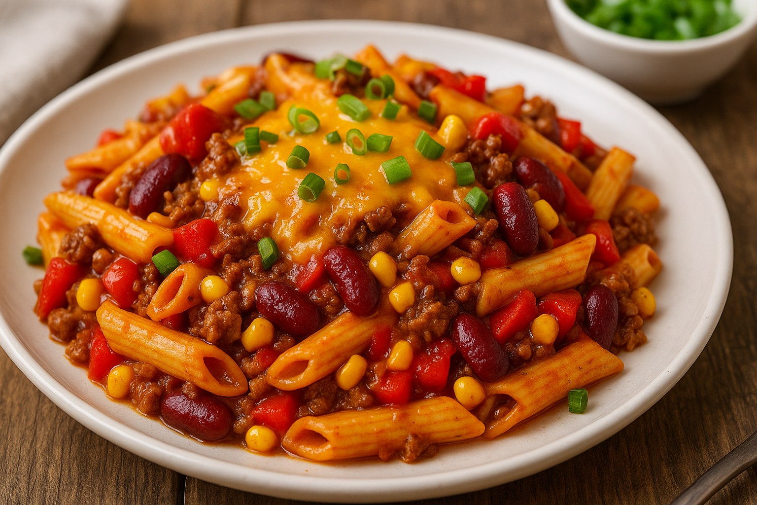 Cowboy-Nudeln mit Hackfleisch, Mais, Kidneybohnen und Paprika in tomatiger Sauce, mit geschmolzenem Cheddar und Frühlingszwiebeln auf weißem Teller.
