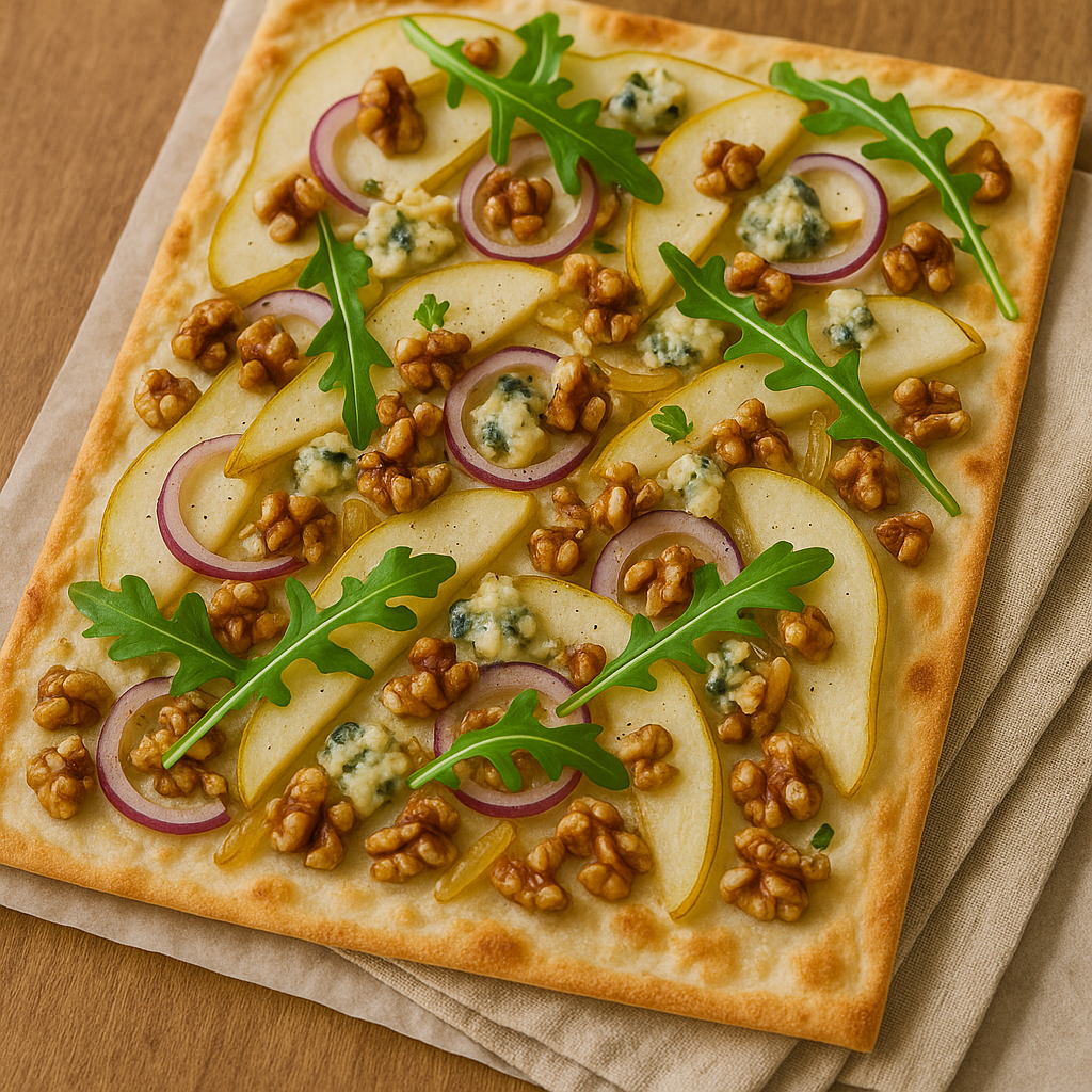 Knuspriger Flammkuchen auf Backblech, belegt mit dünnen Birnenspalten, zerbröckeltem Gorgonzola, Walnusskernen und roten Zwiebelringen.