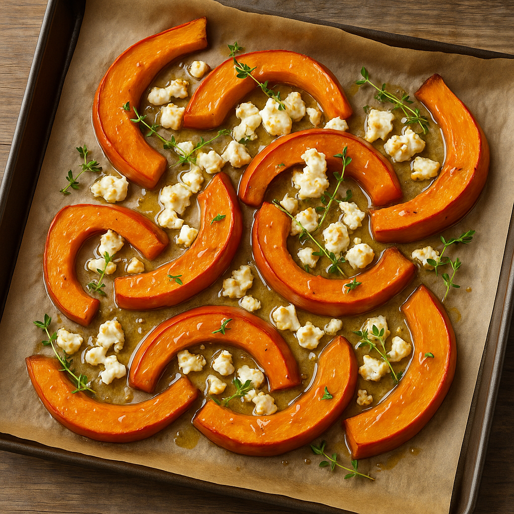 Ofenblech mit gebackenen Hokkaido-Kürbisspalten, bestreut mit zerbröckeltem Feta und frischen Thymianzweigen, auf Backpapier angerichtet.