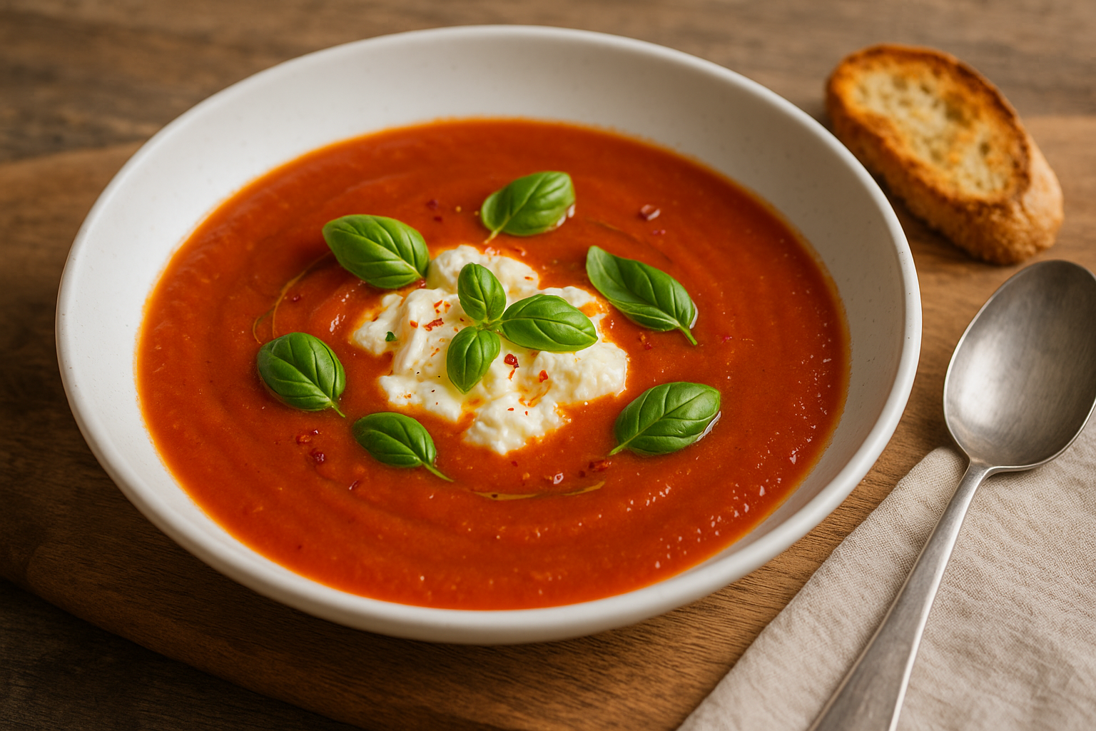 Flache weiße Schale mit rot-orangener Tomaten-Paprika-Suppe; in der Mitte zerpflückte Burrata, darüber frische Basilikumblätter und wenige Chiliflocken; rechts ein Löffel, hinten eine Baguettescheibe auf Holzbrett.