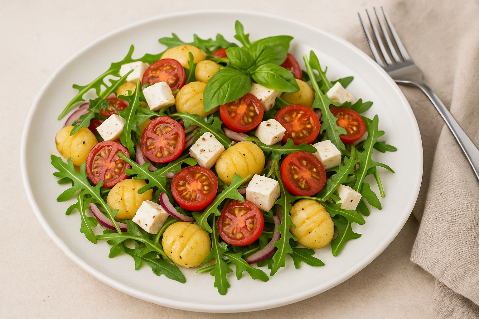 „Ein sommerlicher Gnocchi-Salat auf einem weißen Teller, bestehend aus goldgelben Gnocchi, halbierten Kirschtomaten, gewürfeltem Feta, frischem Rucola und roten Zwiebelstücken, garniert mit Basilikumblättern und leicht glänzendem Dressing.“