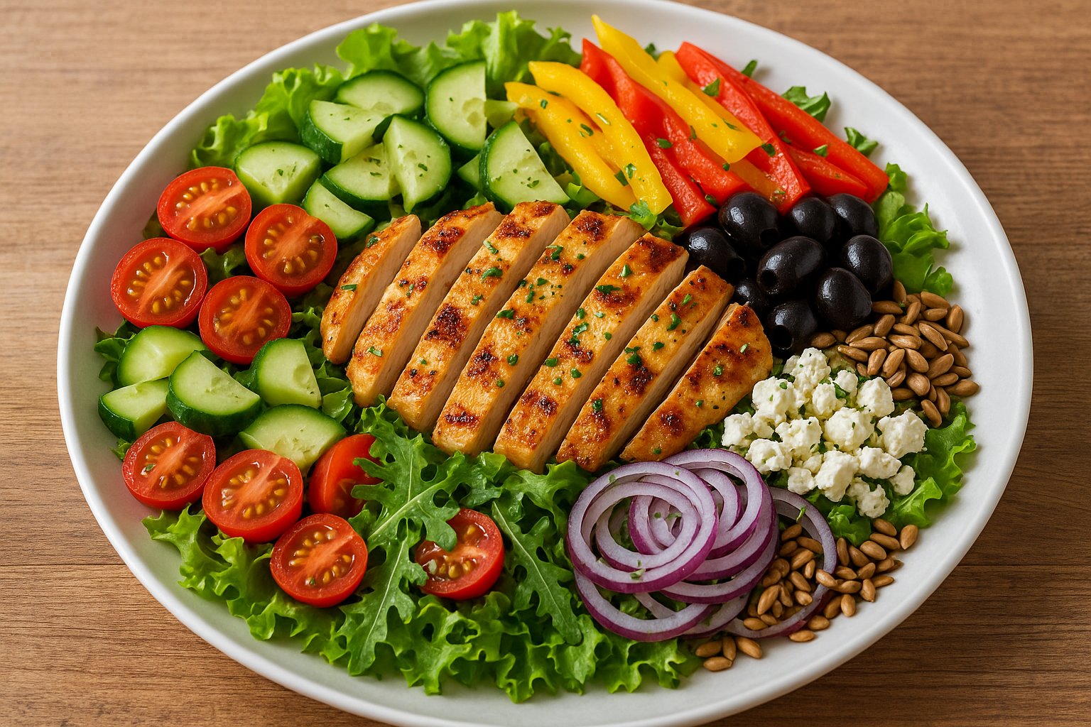 „Ein großer Teller mit mediterranem Sommersalat: bunte Blattsalate, gegrillte Hähnchenstreifen, halbierte Kirschtomaten, gelbe und rote Paprikastreifen, schwarze Oliven und Feta, garniert mit gerösteten Sonnenblumenkernen, angerichtet auf einem Holztisch.“