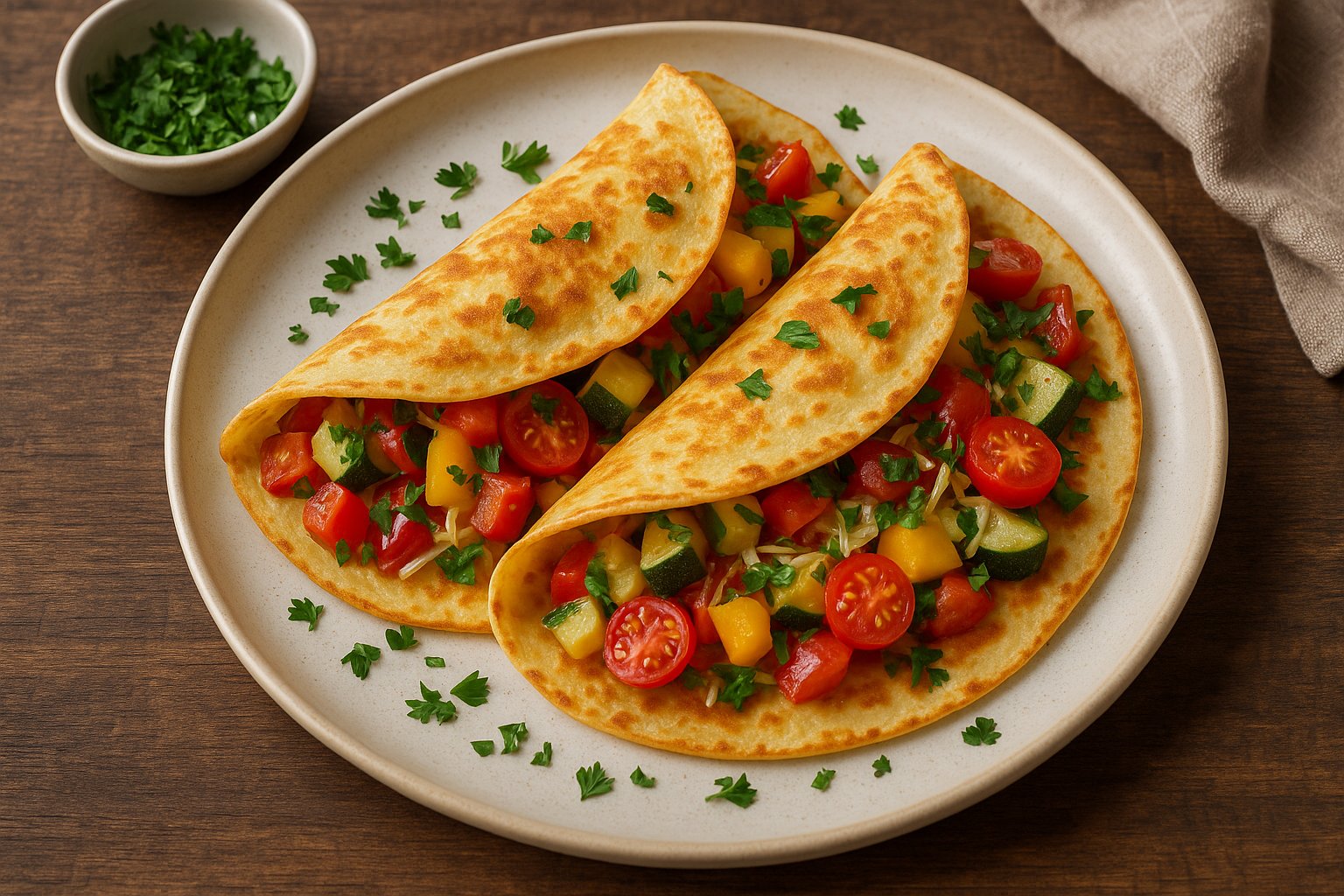 Zwei goldbraune Crêpes, gefüllt mit einer bunten Mischung aus Paprika, Zucchini und Kirschtomaten, garniert mit frischer Petersilie, angerichtet auf einem hellen Keramikteller vor einem Holzhintergrund.