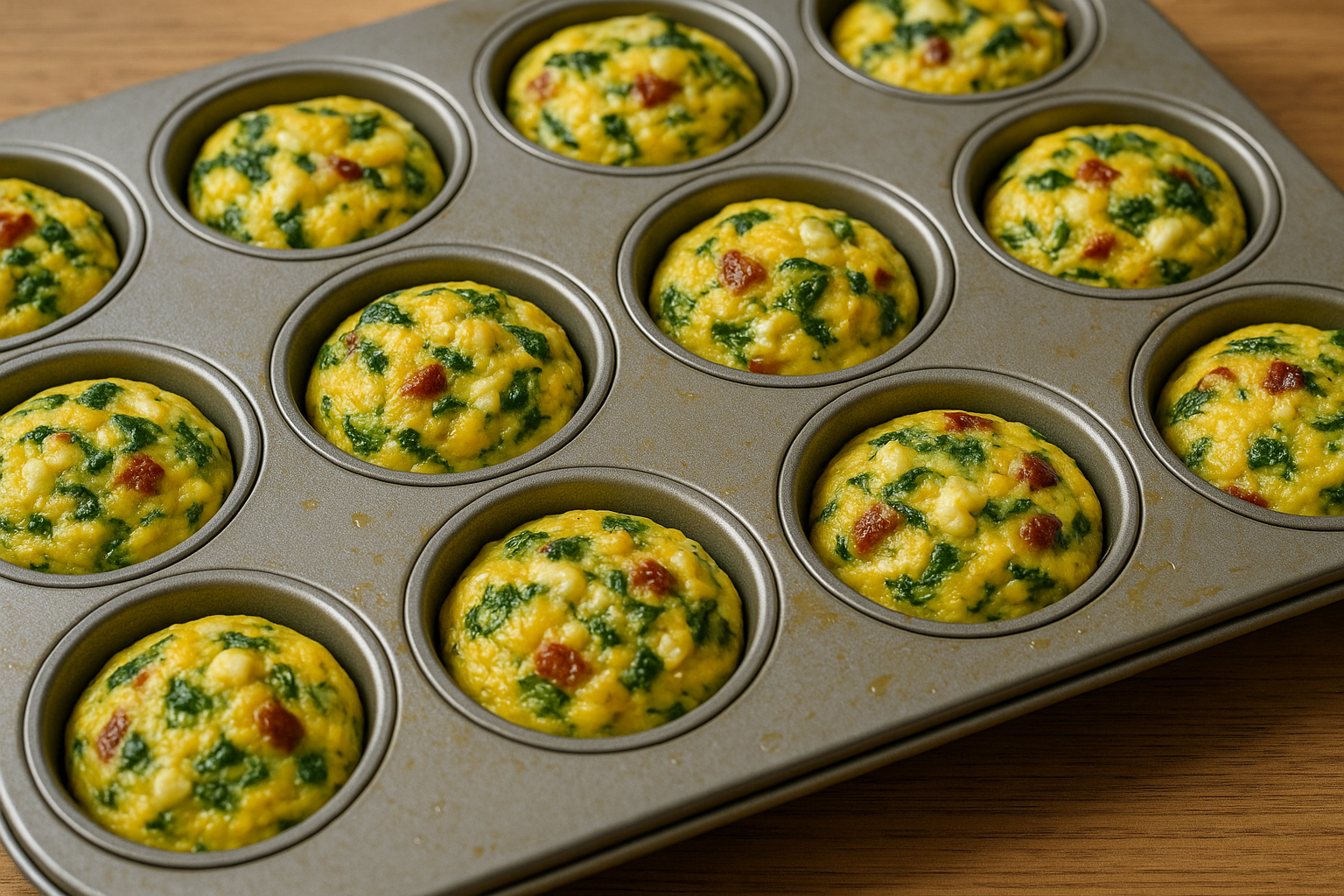 Zwölf frisch gebackene Eier-Muffins mit Spinat, Feta und getrockneten Tomaten in einer Muffinform. Die Muffins sind goldgelb gebacken, mit grünen und roten Stückchen durchzogen und leicht aufgegangen.
