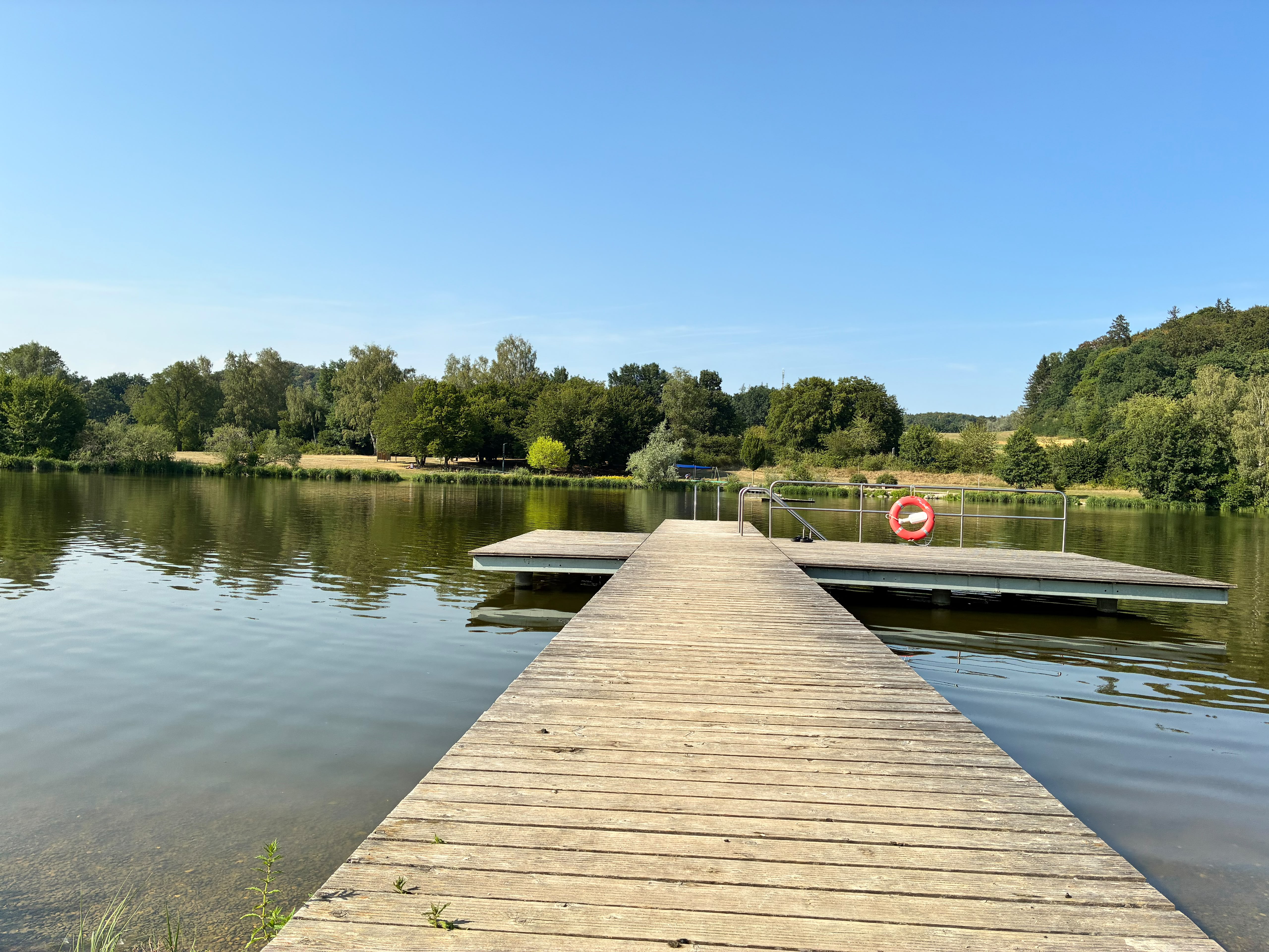 Hölzerner Badesteg am Rothsee, der ins ruhige Wasser hinausführt, mit Rettungsring am Geländer.