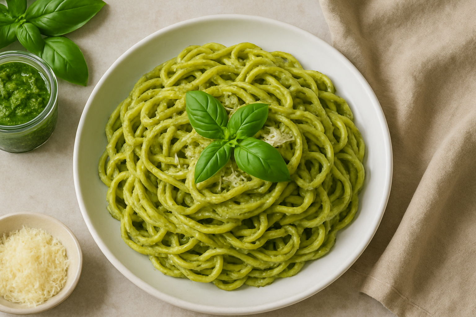 Pasta mit Basilikum-Pesto, serviert auf weißem Teller, mit Parmesan und Basilikumblättern, im Querformat
