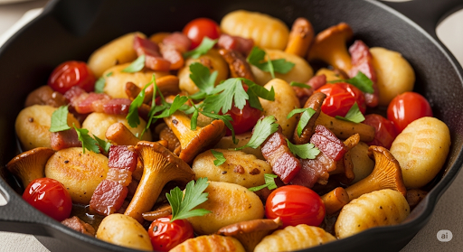 Nahaufnahme einer dunklen, gusseisernen Pfanne gefüllt mit goldbraunen Gnocchi, Pfifferlingen, knusprigen Speckwürfeln und roten Kirschtomaten, garniert mit frischer Petersilie.  Diedorf-Biburg, Deutschland &nbsp;•&nbsp;Standort aktualisieren
