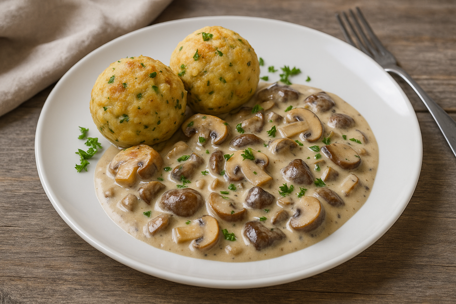 Weißer Teller mit zwei Semmelknödeln und cremigem Pilzragout aus Champignons, garniert mit frischer Petersilie, auf Holztisch serviert.