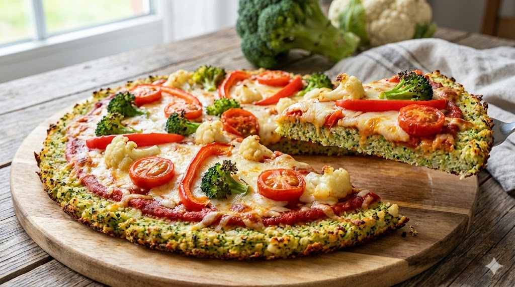 Frisch gebackene Pizza mit einem Boden aus Brokkoli und Blumenkohl auf einem runden Holzbrett. Der Belag besteht aus Tomatensauce, geschmolzenem Käse, roten Paprikastreifen, Kirschtomaten und kleinen Gemüseröschen. Ein angehobenes Stück macht die Struktur des getreidefreien Gemüsebodens sichtbar.