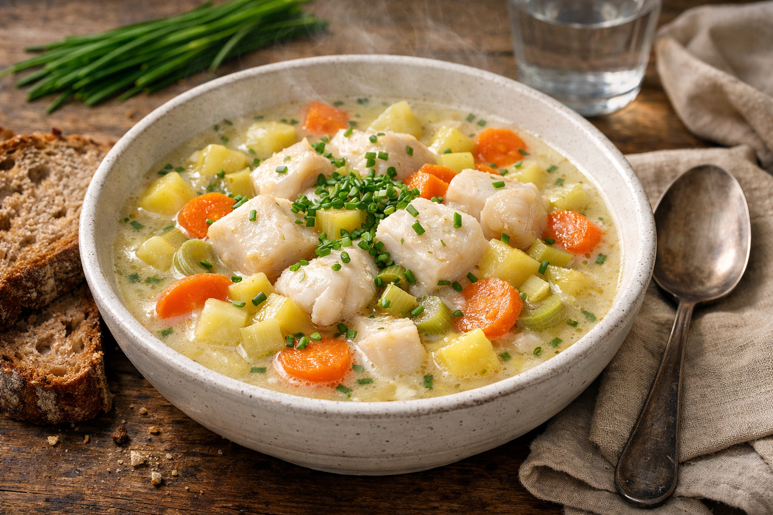 Dampfender Fischtopf in einer hellen Keramikschale: cremige Brühe mit Kabeljauwürfeln, Kartoffelstücken, Karottenscheiben und Lauchringen, oben fein geschnittener Schnittlauch; daneben liegen eine Scheibe Vollkornbrot und ein Metalllöffel auf einem rustikalen Holztisch.