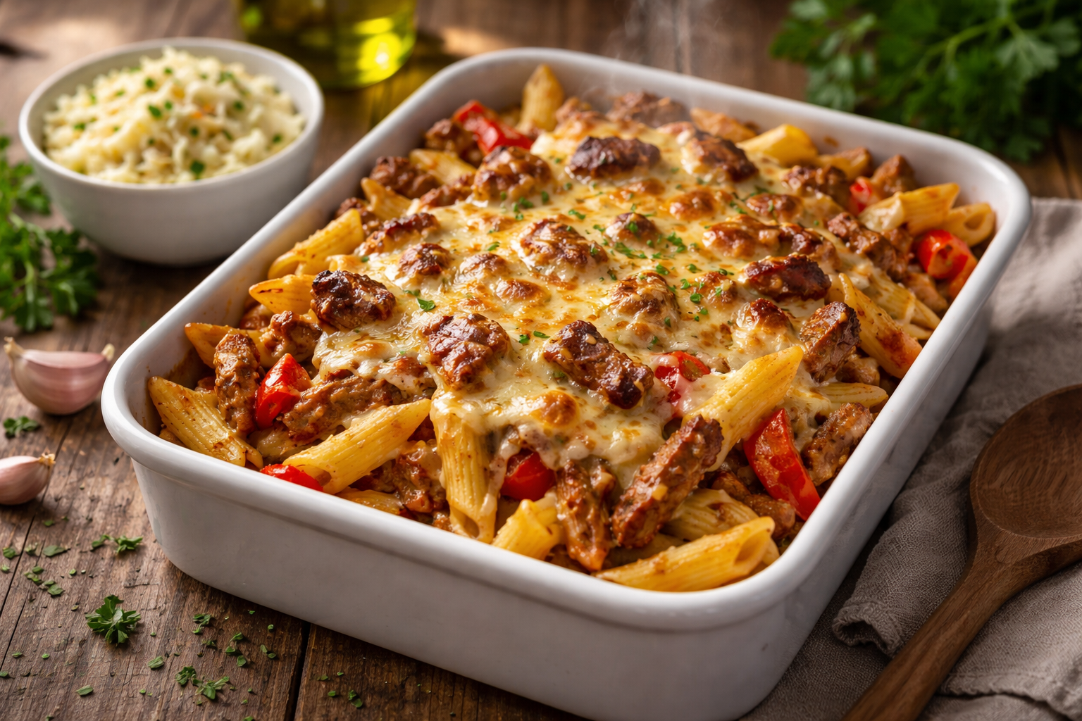 Gyros-Nudelauflauf in Metaxasoße mit goldbraun überbackenem Gouda, Penne, gebratenen Gyrosfleischstücken, roten Paprikastreifen und Champignonscheiben in einer weißen Keramik-Auflaufform, serviert auf einem Holztisch bei natürlichem Licht.