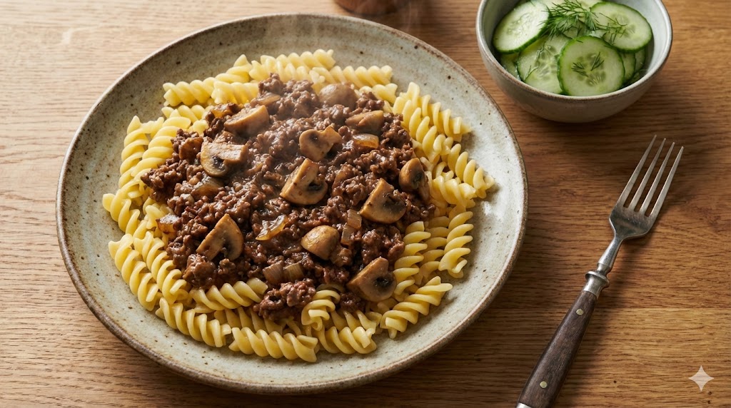 Dampfender Teller mit goldgelben Spirelli-Nudeln, die großzügig mit einer dunklen, sämigen Fleischsauce (Haschee) aus Hackfleisch und geviertelten Champignons bedeckt sind. Die Optik ist rustikal und hausgemacht, angerichtet auf einem hellen Keramikteller in natürlichem Tageslicht.