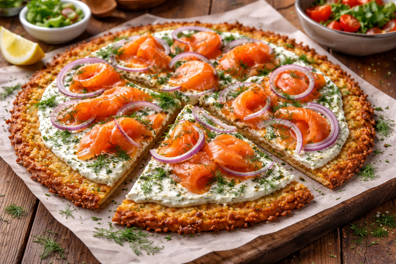 Eine runde, in Stücke geschnittene Pizza mit knusprigem Kartoffelboden liegt auf Backpapier auf einem rustikalen Holztisch. Auf dem Boden ist Kräuterfrischkäse verstrichen; darauf sitzen Rosetten aus Räucherlachs, feine Ringe roter Zwiebel und frischer Dill, daneben sind unscharf Schüsseln mit Blattsalat und eine Zitronenspalte zu sehen.