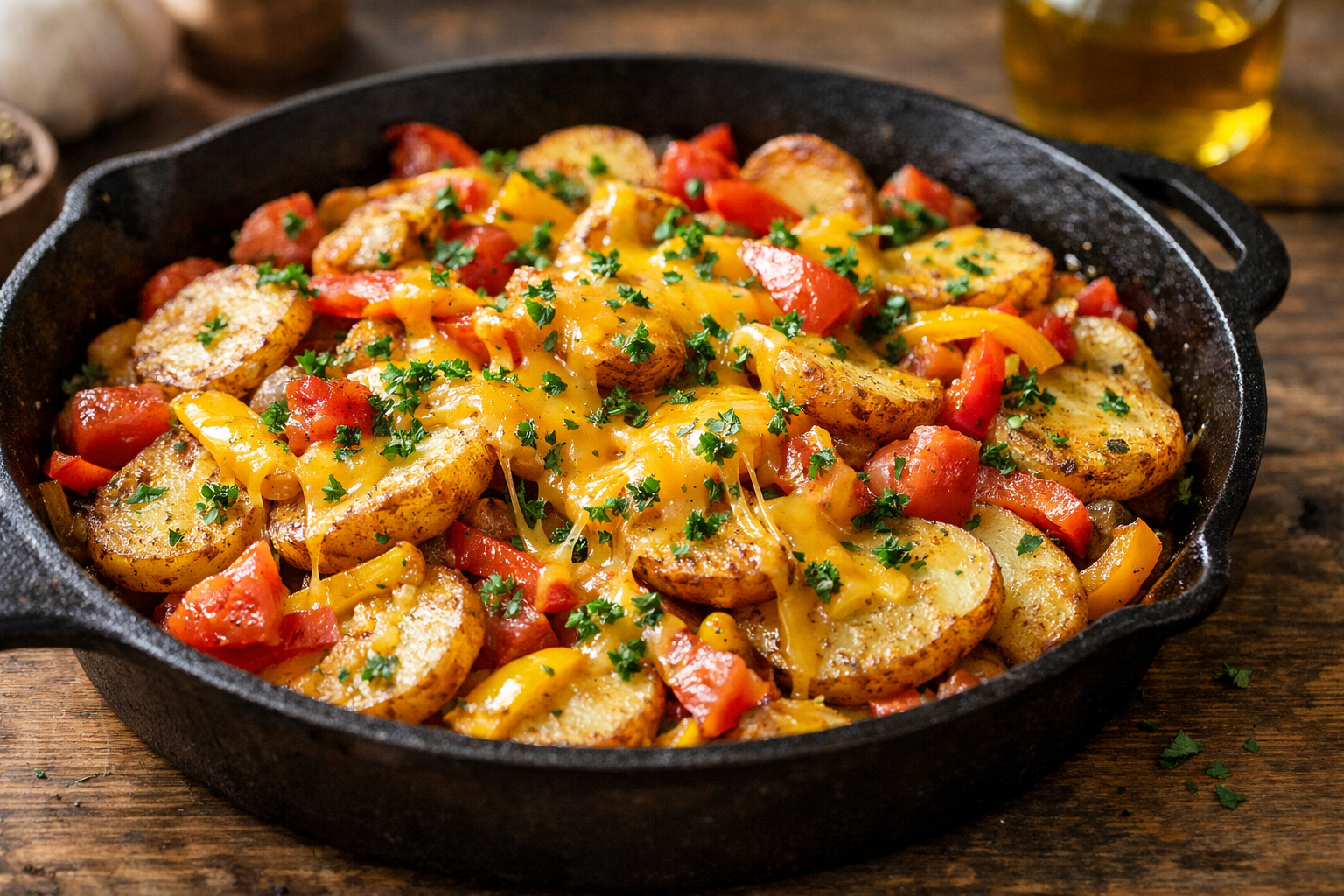 Kartoffelpfanne mit goldbraun gebratenen Kartoffelscheiben, roten Paprikastreifen, Tomatenstücken und geschmolzenem Cheddar in einer gusseisernen Pfanne, bestreut mit frischer Petersilie, angerichtet auf einem Holztisch bei natürlichem Licht.