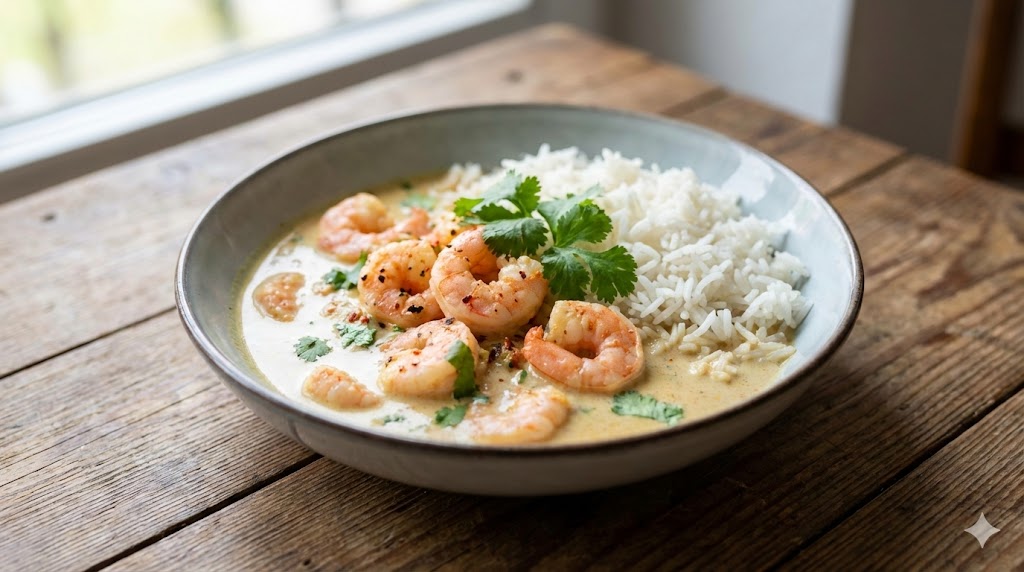 Cremiges Kokos-Garnelen-Curry mit hellrosa Garnelen in einer hellgelben Sauce, angerichtet in einer rustikalen Keramikschale neben einer Portion weißem Basmatireis. Frische grüne Korianderblätter garnieren das Gericht auf einem Holztisch bei natürlichem Licht.