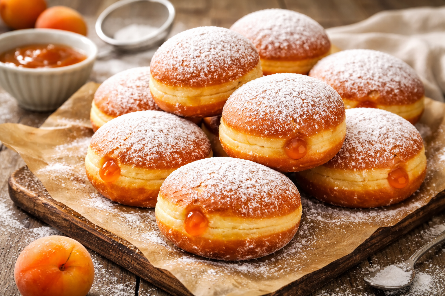 Mehrere goldbraun gebackene Krapfen mit Marillenfüllung liegen auf einem Holzbrett, mit Puderzucker bestäubt; daneben stehen eine kleine Schale Marillenmarmelade und frische Aprikosen auf einem rustikalen Holztisch.