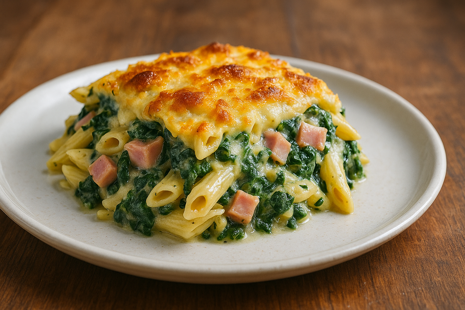 Nudelauflauf mit Spinat und Schinken, goldbraune Käsekruste, cremige Sauce, Portion auf weißem Teller, Holzuntergrund, natürliche Lichtstimmung.