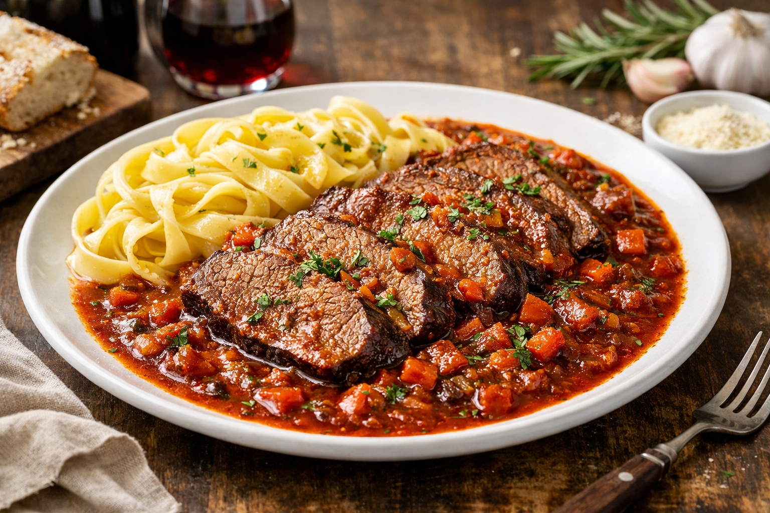 Auf einem weißen Teller liegen mehrere Scheiben italienischer Rinderschmorbraten (Stracotto) in einer tiefroten Rotwein-Tomatensauce mit sichtbaren Würfeln aus Karotte und Zwiebel, darüber fein gehackte Petersilie. Daneben ist ein Nest breiter Tagliatelle angerichtet; im Hintergrund stehen rustikales Brot, ein Glas Rotwein sowie Rosmarin, Knoblauch und eine kleine Schale mit geriebenem Parmesan auf einem Holztisch.