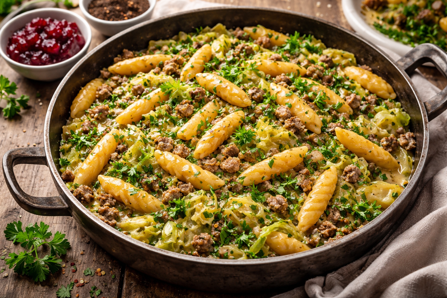 Eine große, dunkle Bratpfanne ist bis zum Rand gefüllt mit einer cremigen Wirsing-Hackfleisch-Schupfnudeln-Pfanne: goldbraun angebratene Schupfnudeln, weich geschmorter hellgrüner Wirsing und krümelig gebratenes Rinderhack, oben dicht mit gehackter Petersilie bestreut. Im Hintergrund stehen kleine Schälchen mit Preiselbeeren sowie Salz und Pfeffer auf einem rustikalen Holztisch.