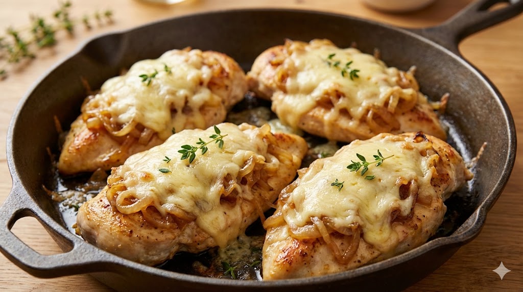 Goldbraun gebratene Hähnchenbrustfilets in einer rustikalen Pfanne, üppig belegt mit weichen, karamellisierten Zwiebelstreifen und einer geschmolzenen, leicht gebräunten Käseschicht. Frische Thymianzweige garnieren das Gericht vor einem dezent unscharfen, hölzernen Hintergrund.