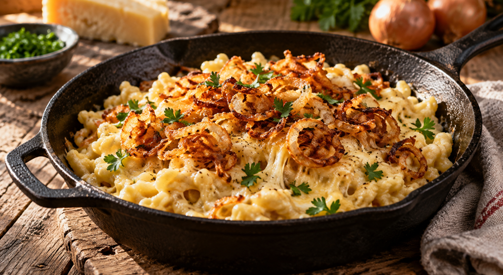Allgäuer Kässpatzen mit Röstzwiebeln und grünem Salat