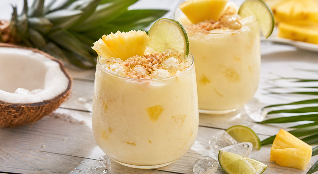Zwei Gläser Ananas-Kokos-Cooler mit Ananasstücken, Kokosraspeln und Limettenscheiben auf hellem Holztisch