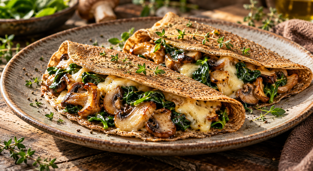 Gefaltete Buchweizen-Galettes mit gebratenen Pilzen, Babyspinat und geschmolzenem Bergkäse.