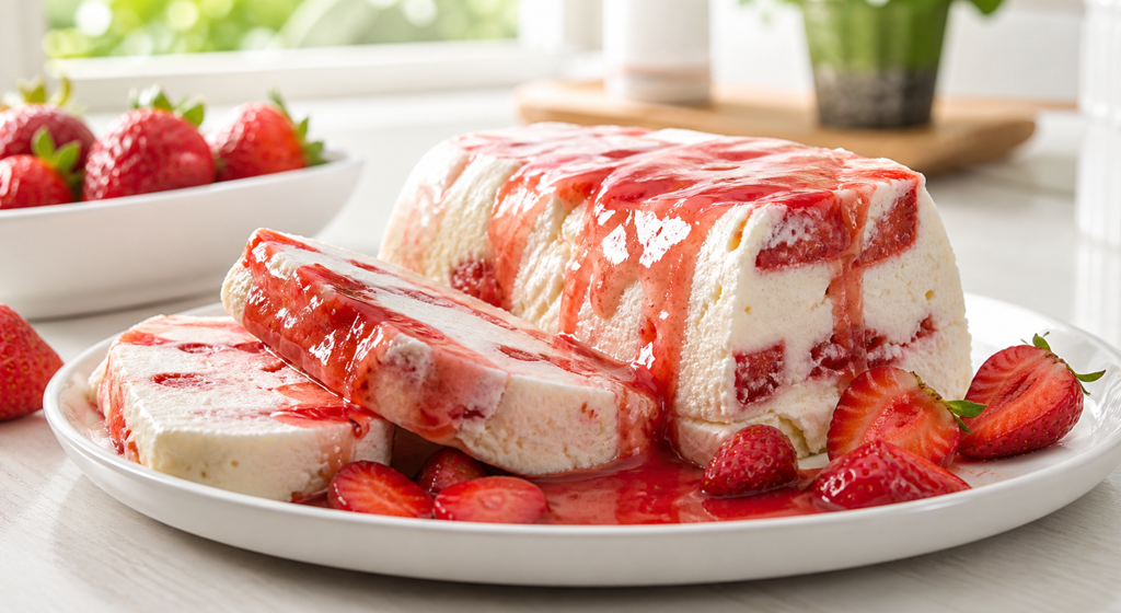 Erdbeer-Joghurt-Parfait in Scheiben mit frischen Erdbeeren und Erdbeersoße