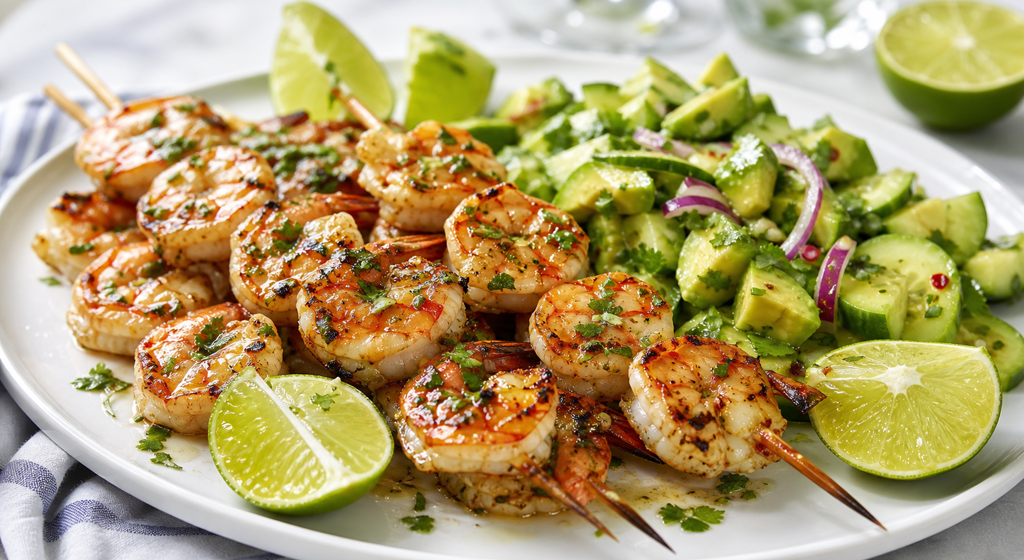 Gegrillte Garnelenspieße mit Avocado-Gurken-Salat und Limettenspalten auf einer Servierplatte