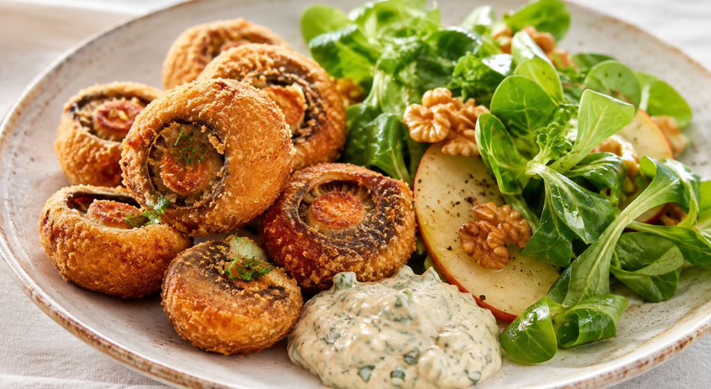 Knusprig gebackene Champignons mit Kräuter-Remoulade sowie Feldsalat mit Apfel und Walnüssen.