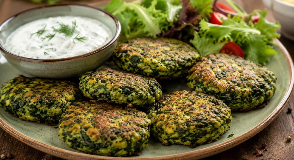 Sechs gebackene Spinatpuffer mit Kräuter-Dip und gemischtem Blattsalat auf einem Teller.