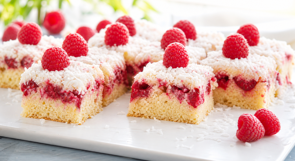 Himbeer-Kokos-Schnitten auf einer hellen Platte mit Kokosraspeln und frischen Himbeeren
