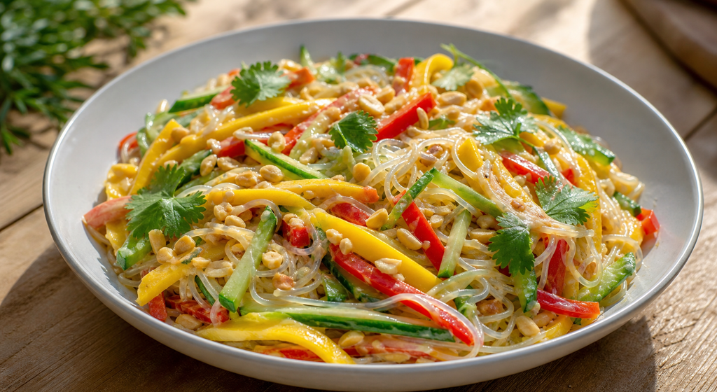 Kalter Glasnudelsalat mit Mango, Gurke, Erdnüssen und frischem Koriander in einer Schale