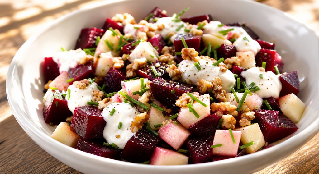 Kalter Rote-Bete-Apfel-Salat mit Meerrettich-Joghurt, Walnüssen und Schnittlauch in einer weißen Schale