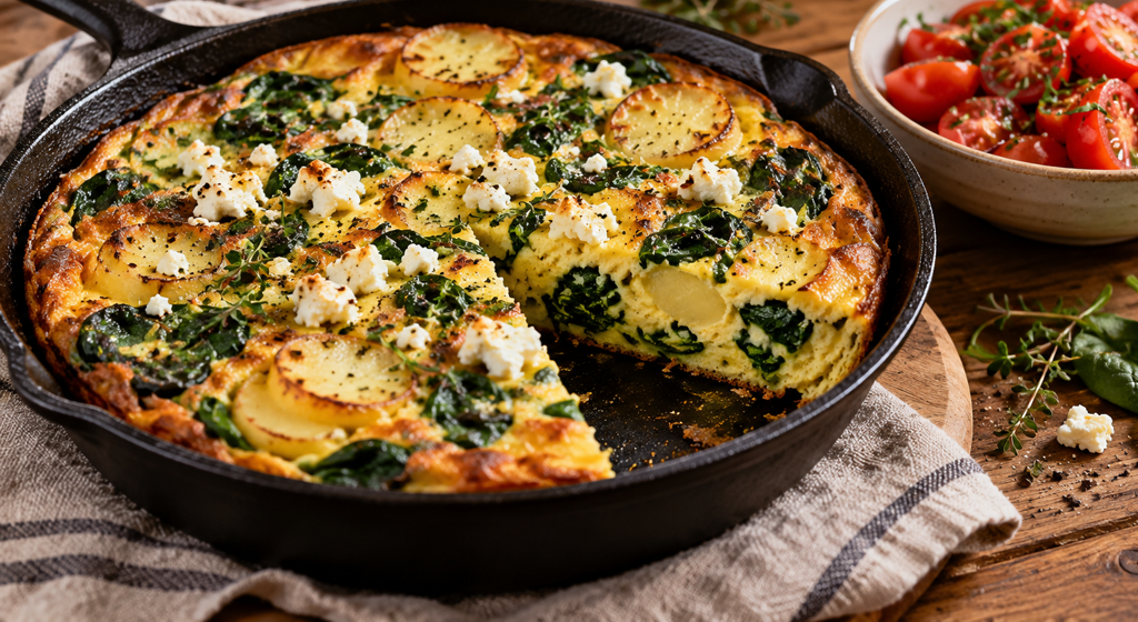 Kartoffel-Spinat-Frittata mit Feta und Tomatensalat appetitlich angerichtet