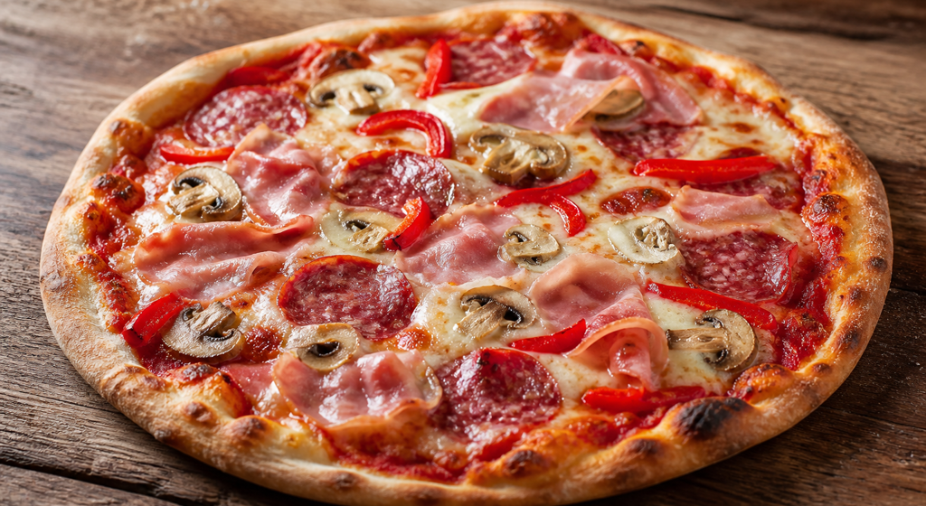Klassische Pizza mit Schinken, Salami, Champignons, Paprika und geschmolzenem Mozzarella auf dünnem, knusprigem Boden