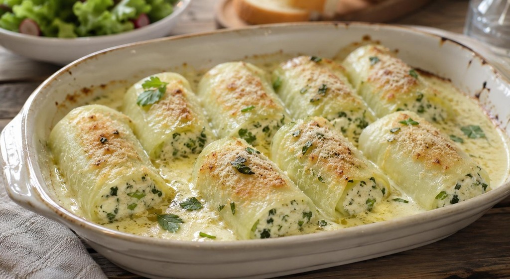 Kohlrabi-Cannelloni mit Ricotta-Kräuterfüllung in heller Zitronensauce, goldbraun überbacken in einer Auflaufform.