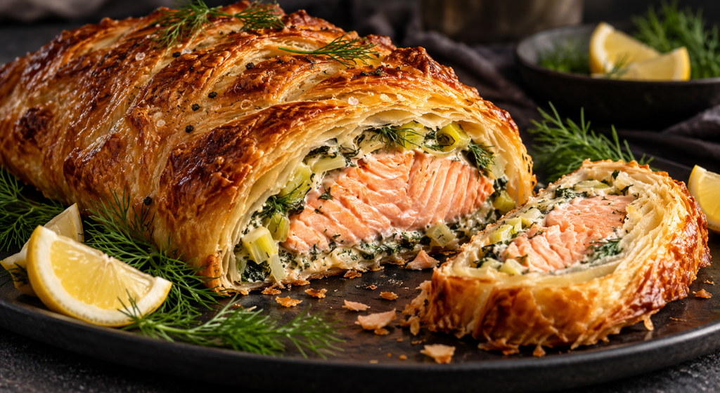 Angeschnittener Lachs im goldbraunen Blätterteig mit Lauch und Dill auf einer dunklen Servierplatte