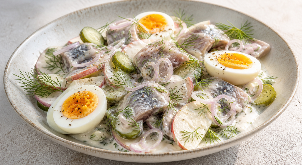 Cremiger Matjessalat mit Dill, Apfel, Gewürzgurken, Schalotten und vier gekochten, teils halbierten Eiern in einer flachen Keramikschale.