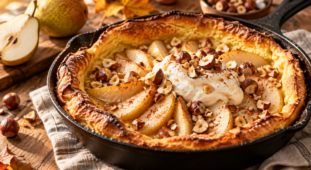 Luftiger Ofenpfannkuchen mit Birnenspalten, Vanillequark und gerösteten Haselnüssen in einer Pfanne.