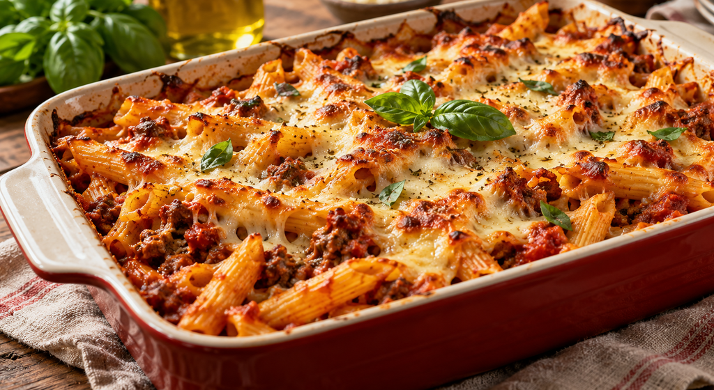 Penne al forno mit Rinderhack, Tomatensauce, Mozzarella und Basilikum in einer rechteckigen Auflaufform.