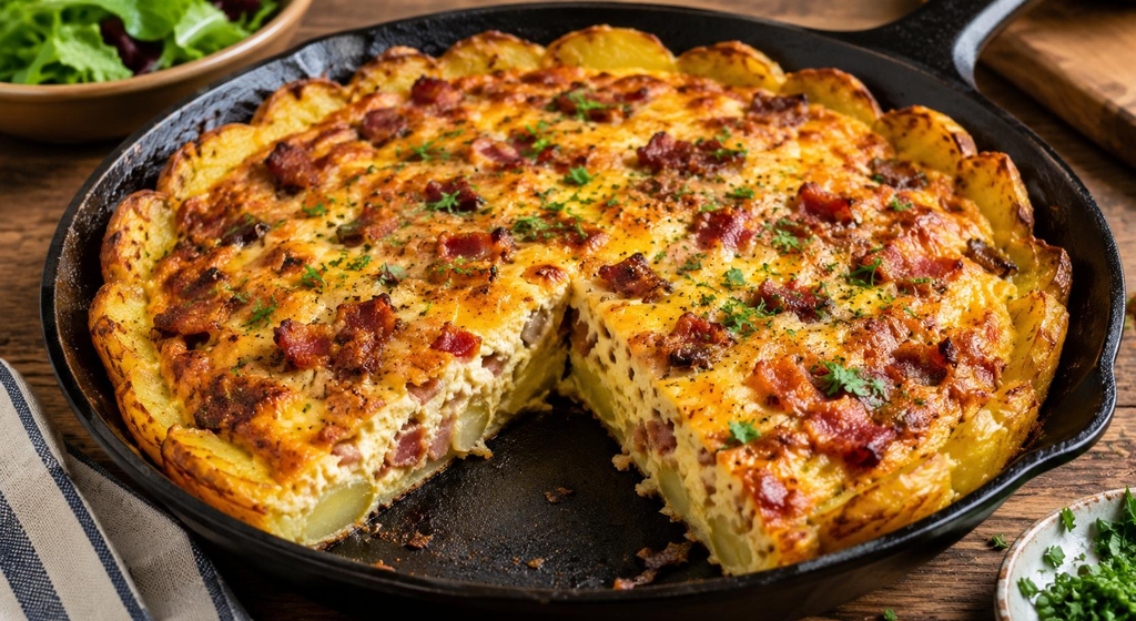 Potato Crusted Quiche mit knusprigem Kartoffelrand, goldbrauner Eiermasse, Speckwürfeln und Kräutern, in einer schwarzen Pfanne angeschnitten serviert.