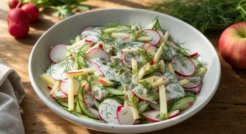 Radieschen-Apfel-Salat mit Buttermilch-Dill-Dressing und frischem Dill in einer hellen Schale