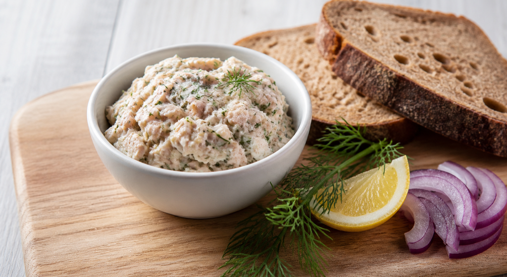 Cremiger Räucherforellen-Aufstrich mit Dill in einer weißen Schale, daneben dunkles Bauernbrot, Zitronenspalte und rote Zwiebel auf einem Holzbrett.