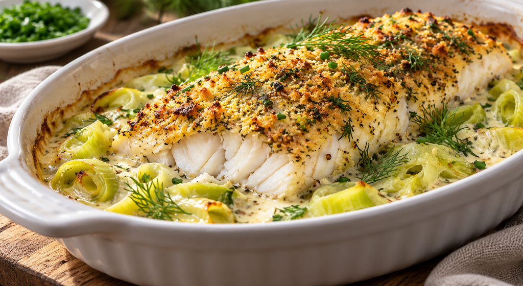 Überbackenes Seelachsfilet auf cremigem Lauchgemüse mit goldener Senf-Kräuter-Kruste in einer weißen Auflaufform.