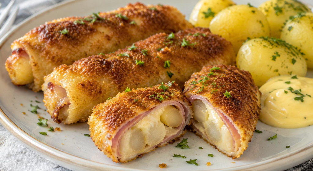 Goldbraun panierte Spargel-Cordon-Bleu-Röllchen auf einem Teller, aufgeschnitten mit sichtbarem Spargel, Schinken und geschmolzenem Käse, dazu Salzkartoffeln und Sauce Hollandaise