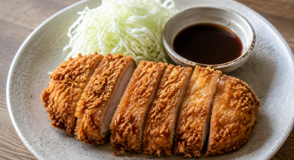 Knusprig paniertes Tonkatsu vom Schwein in Scheiben, dazu fein geschnittener Krautsalat und dunkle Tonkatsu-Soße.