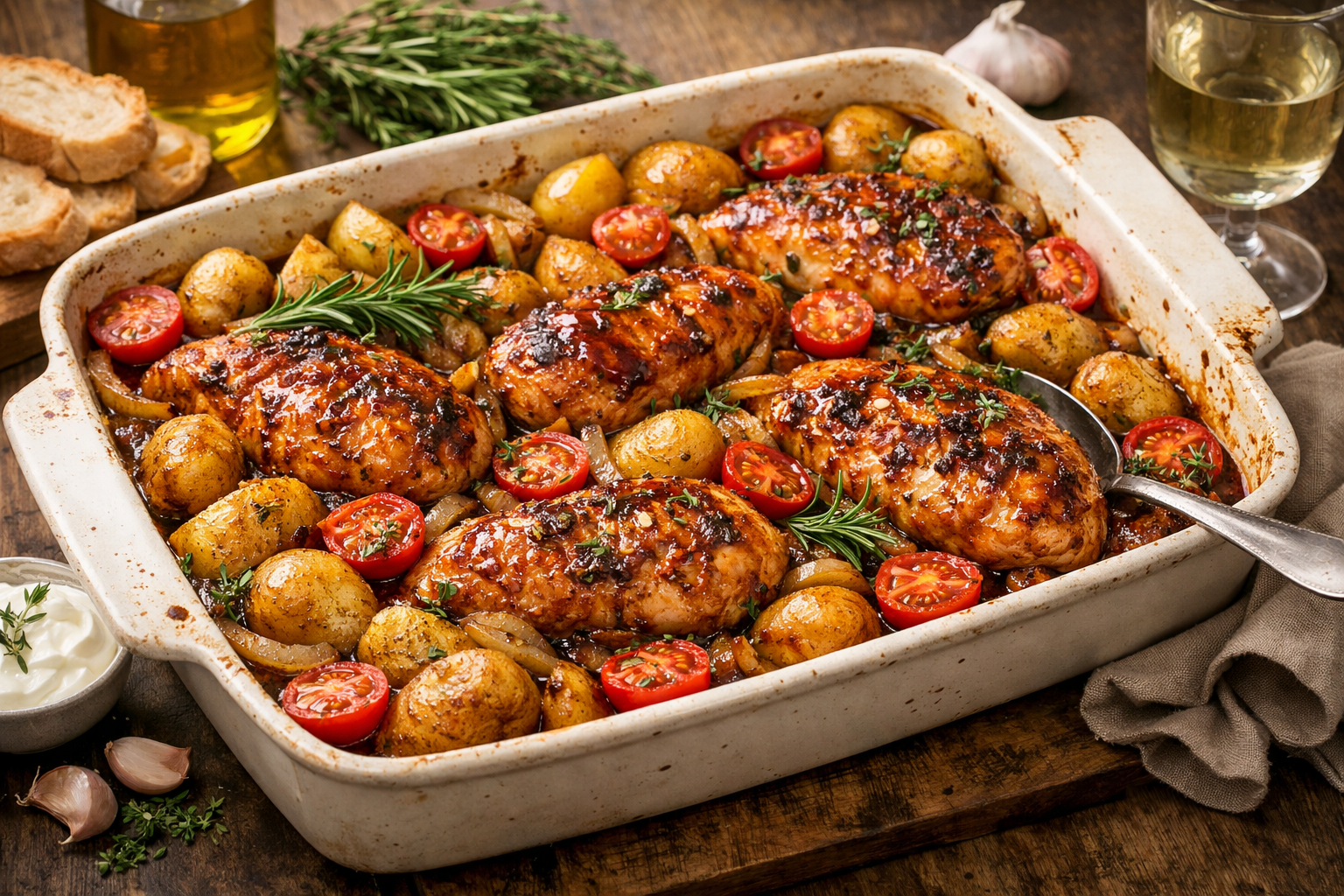 Toskanischer Hähnchen-Auflauf in einer hellen Keramikform: saftig gebräunte Hähnchenbrustfilets liegen zwischen goldbraunen kleinen Kartoffeln, halbierten roten Tomaten und weichen Zwiebelstreifen, überzogen von einer glänzenden dunklen Marinade und bestreut mit frischem Rosmarin und Thymian; rustikale Holzoberfläche im Hintergrund.